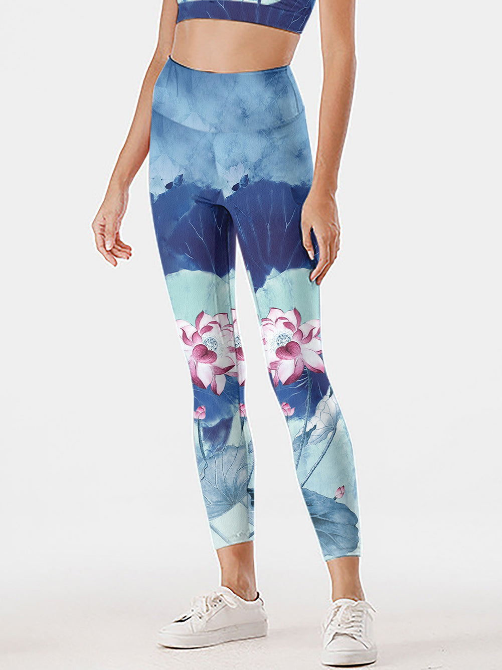Blue pond lotus leaf lotus print breathable leggings