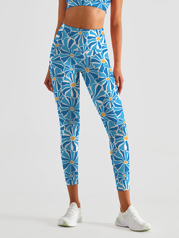 Flower abstract naive blue chrysanthemum leggings