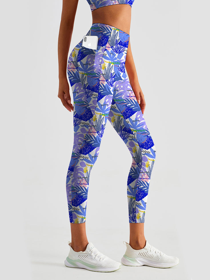 Botanical lilac color hand drawn abstract monstera leaves leggings