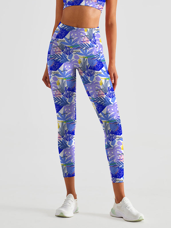 Botanical lilac color hand drawn abstract monstera leaves leggings