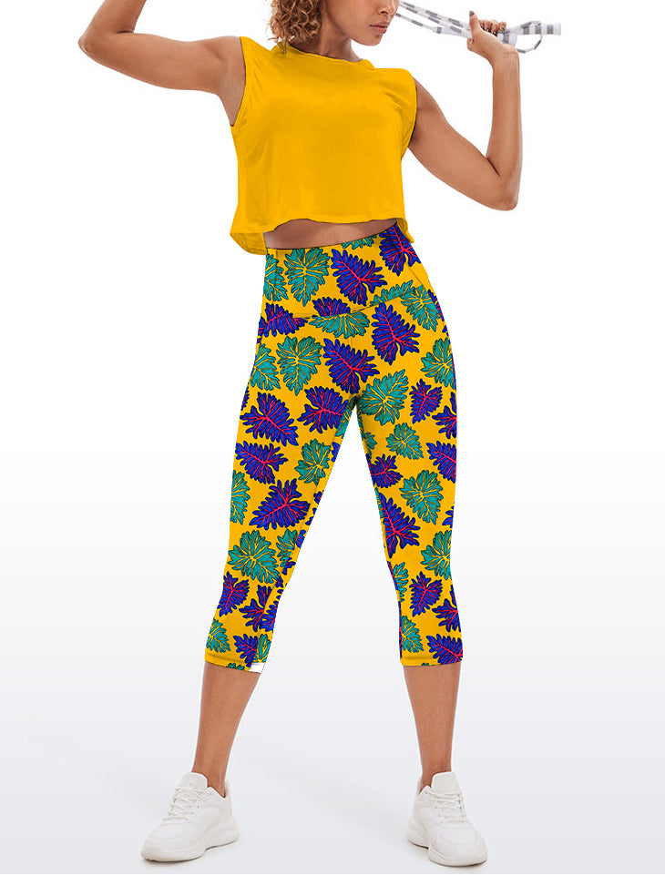 Botanical purple and green tropical leaves capris
