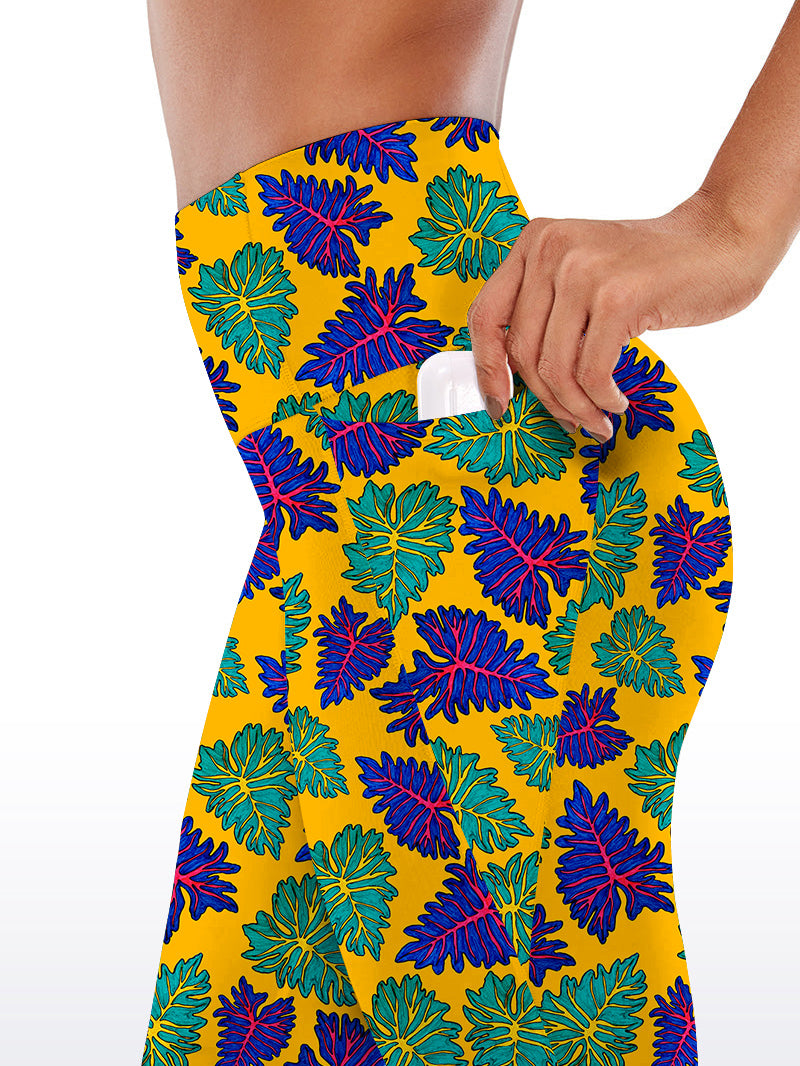 Botanical purple and green tropical leaves capris
