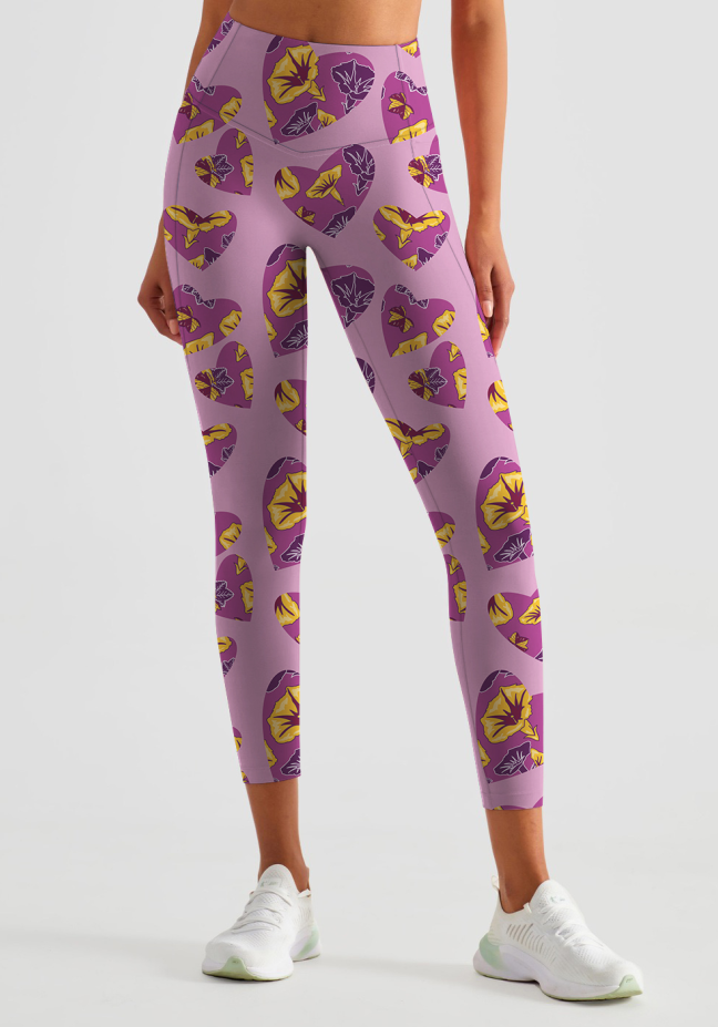 Flower purple heart-shaped trumpet print leggings