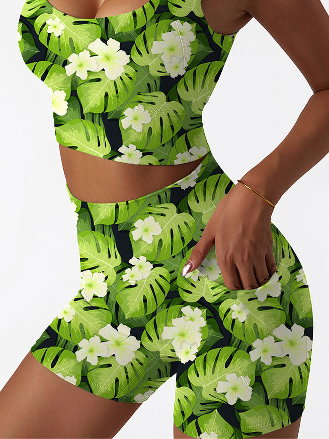 Botanical monstera leaves hibiscus shorts