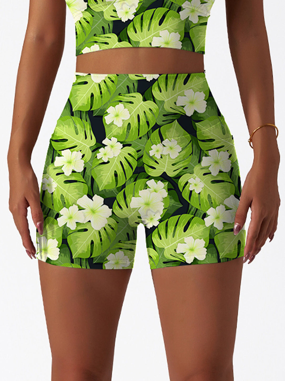 Botanical monstera leaves hibiscus shorts