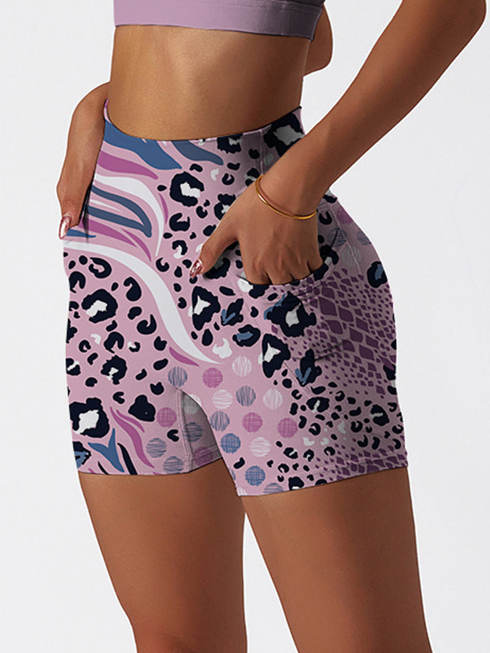 Animal leopard zebra print patchwork pink yoga shorts