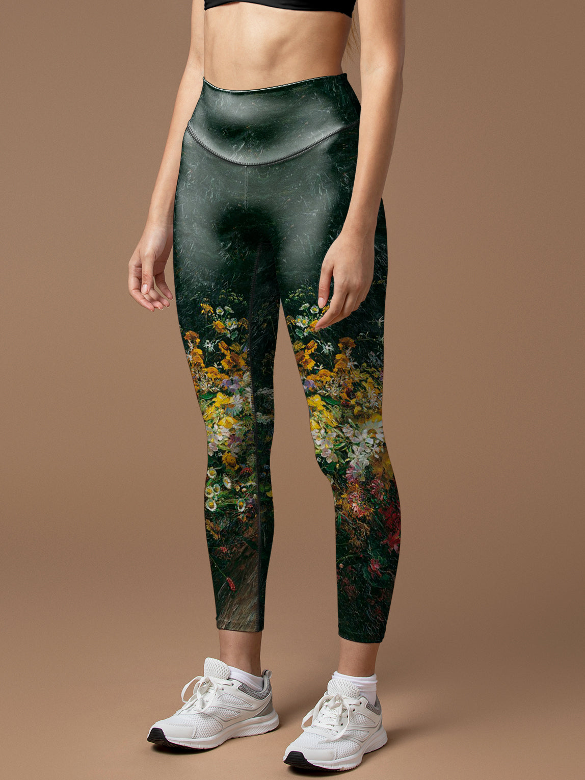 Colorful blooming wildflowers dark green leggings
