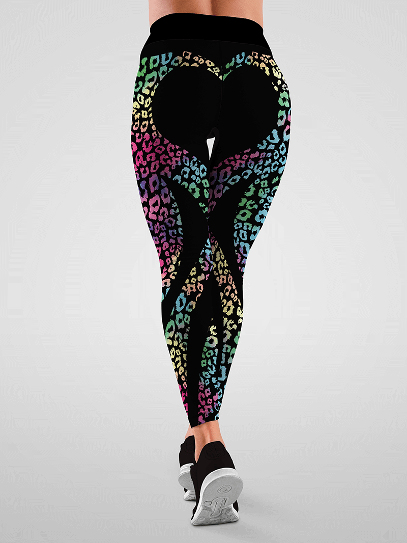 Love hip heart colorful leopard splice black leggings