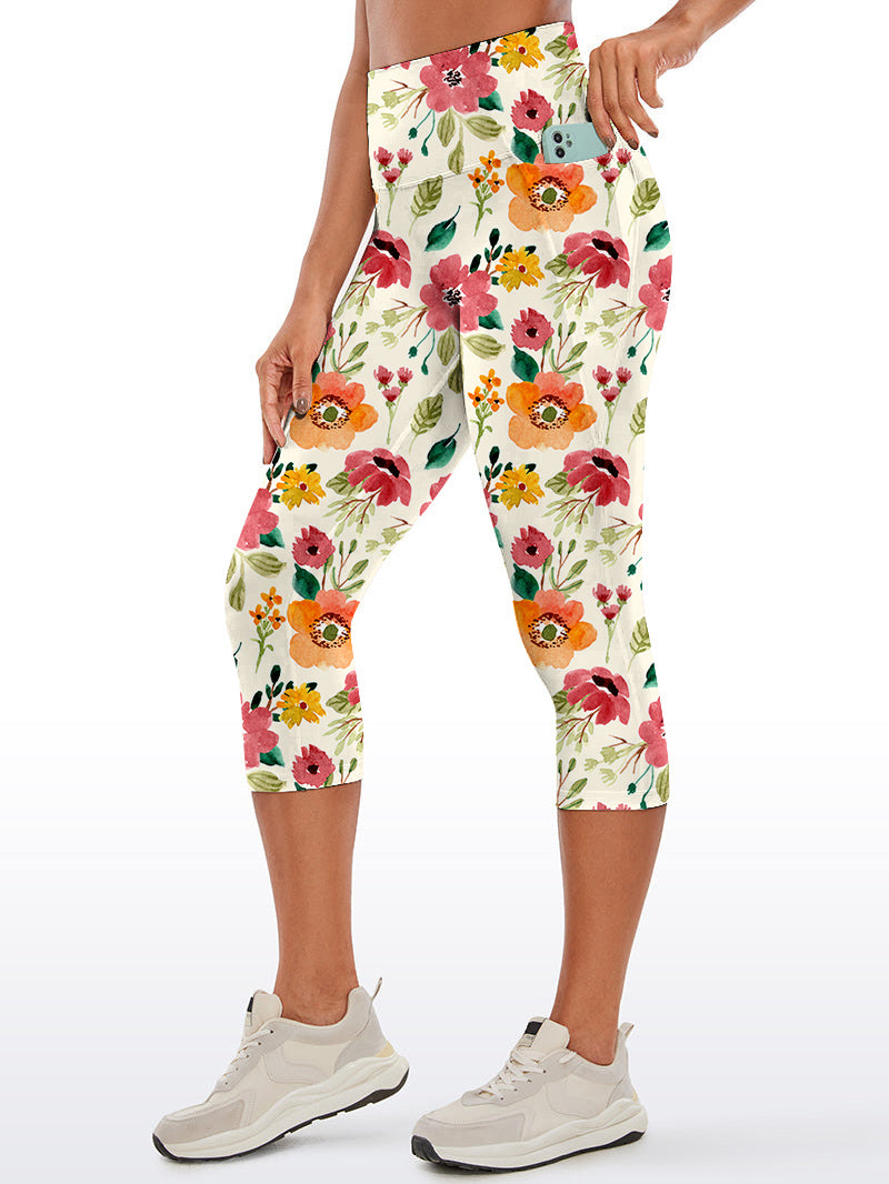 Flower watercolor pink and orange hibiscus capris