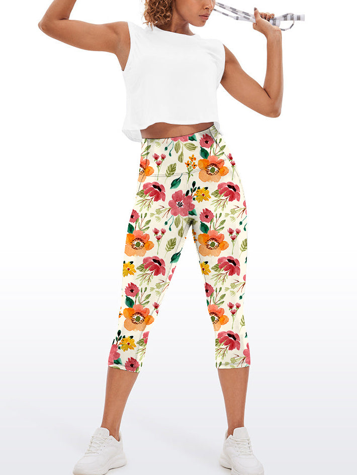 Flower watercolor pink and orange hibiscus capris