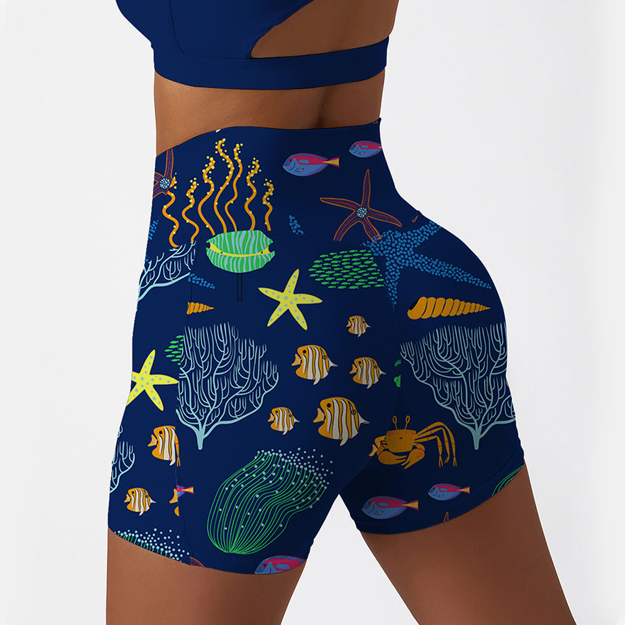 Ocean marine life coral dark blue shorts
