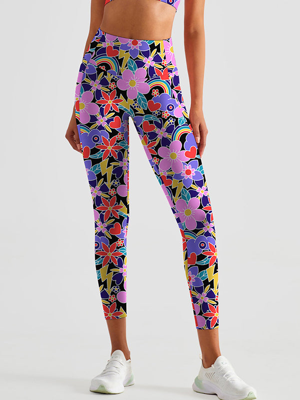 Flower hand paint magnolia love rainbow patchwork leggings
