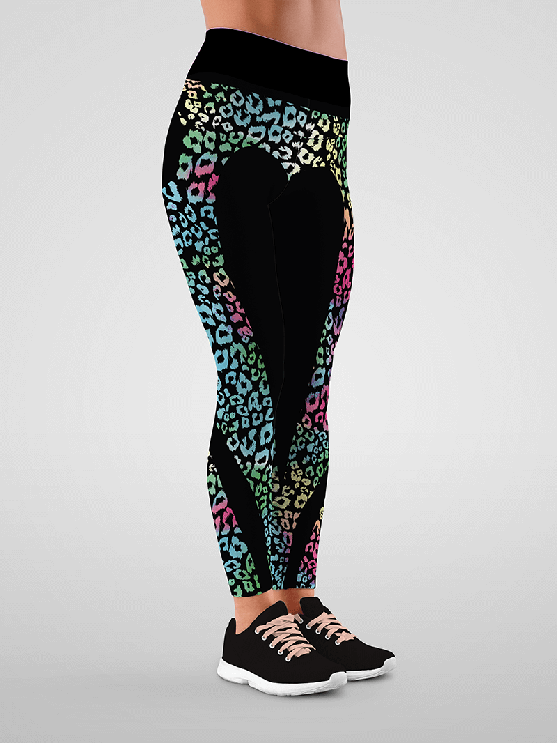 Love hip heart colorful leopard splice black leggings