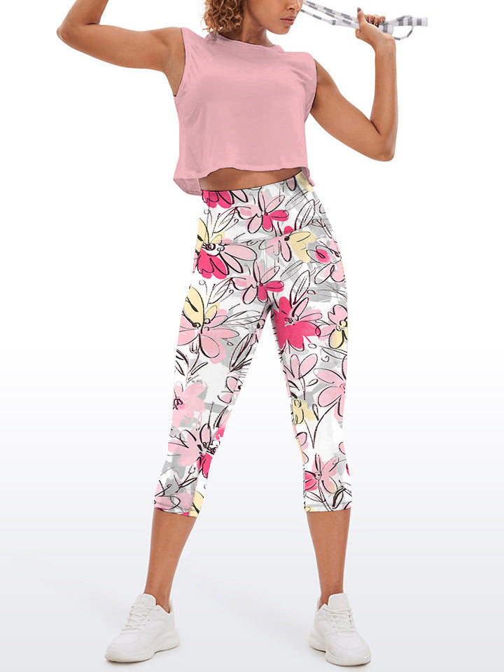 Hand painted colorful liberty style small mauve flowers capris
