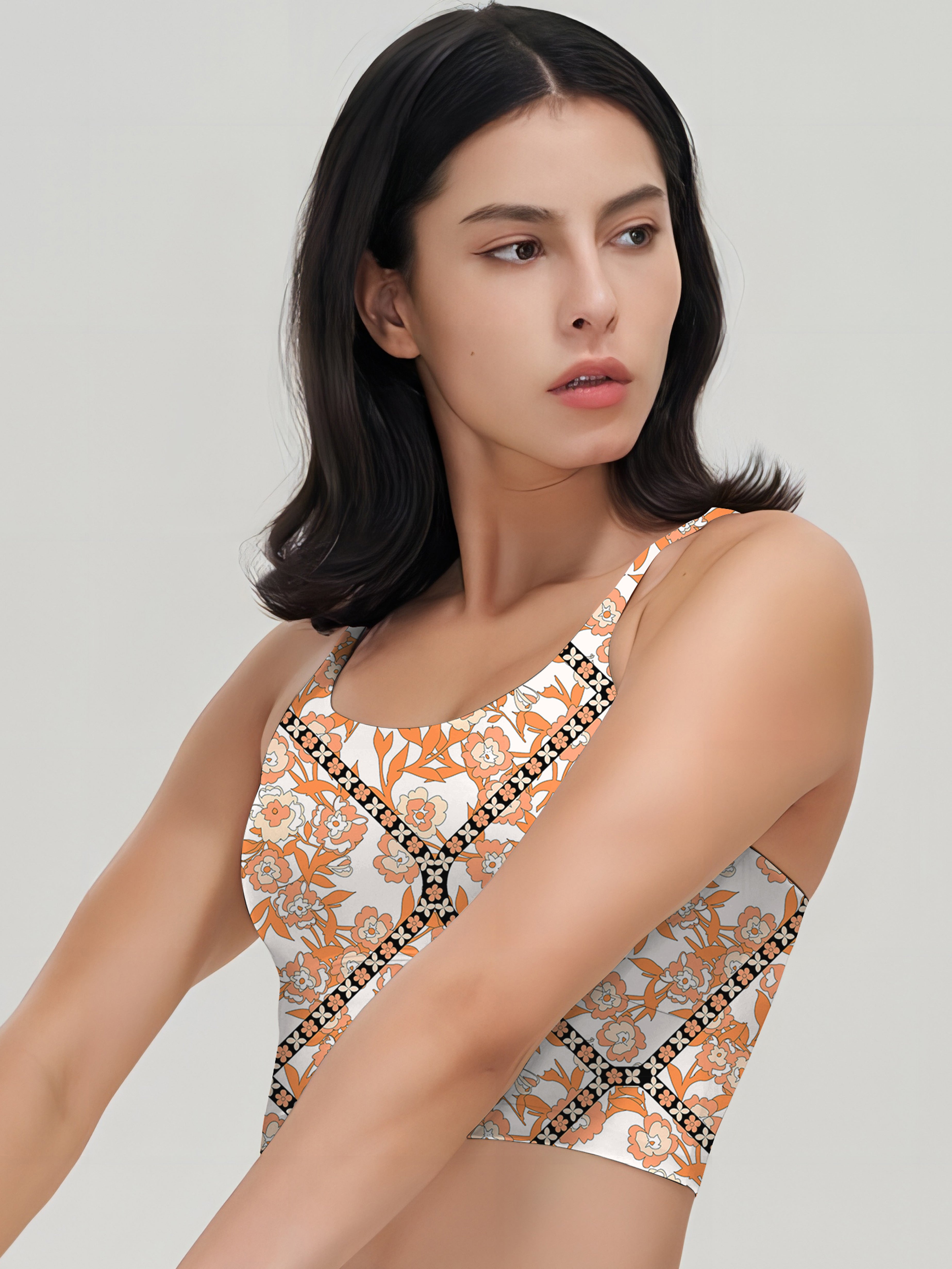 Flower retro orange stitching tank tops