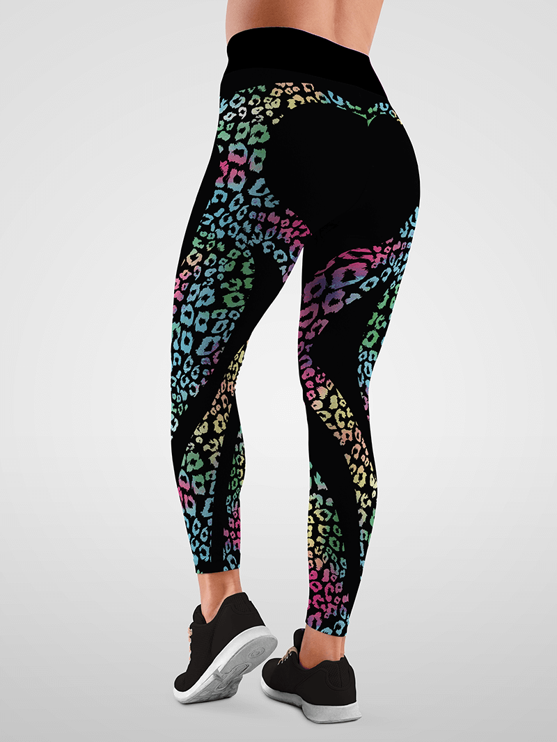 Love hip heart colorful leopard splice black leggings