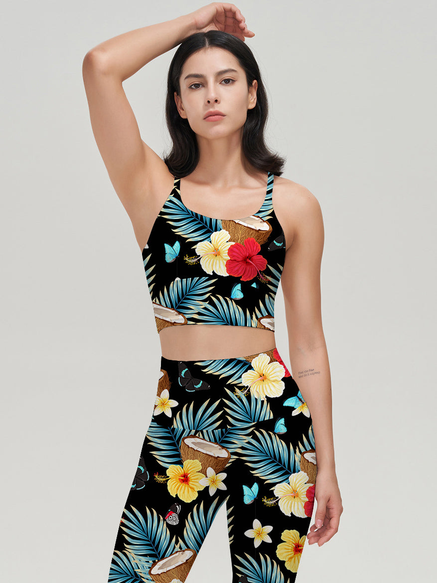 Botanical tropical coconut with leaves and flowers leggings