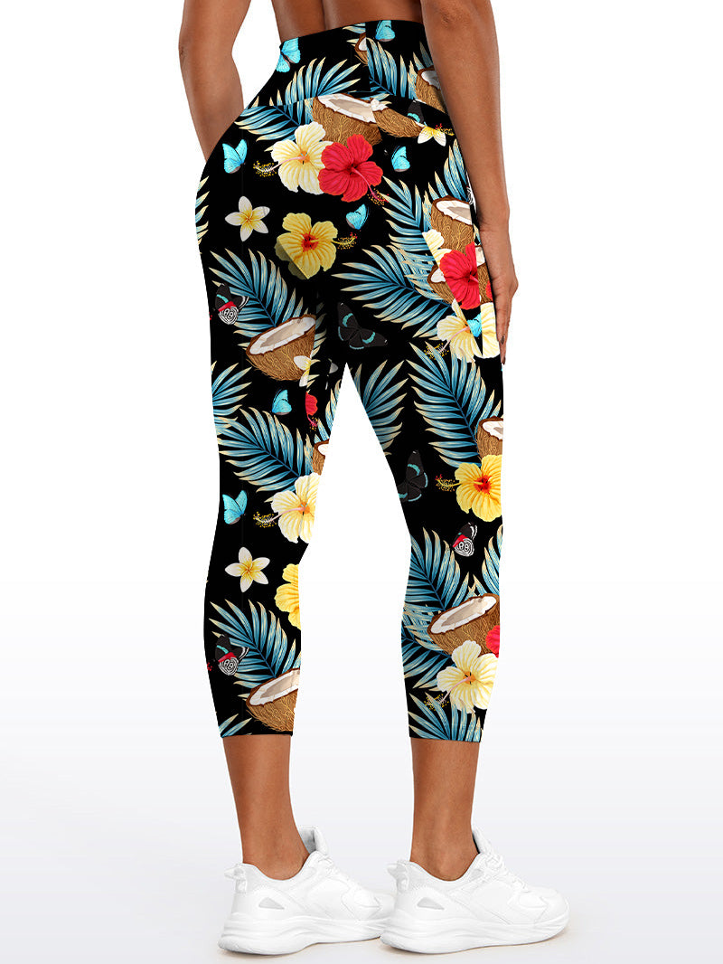 Botanical tropical coconut with leaves and flowers leggings