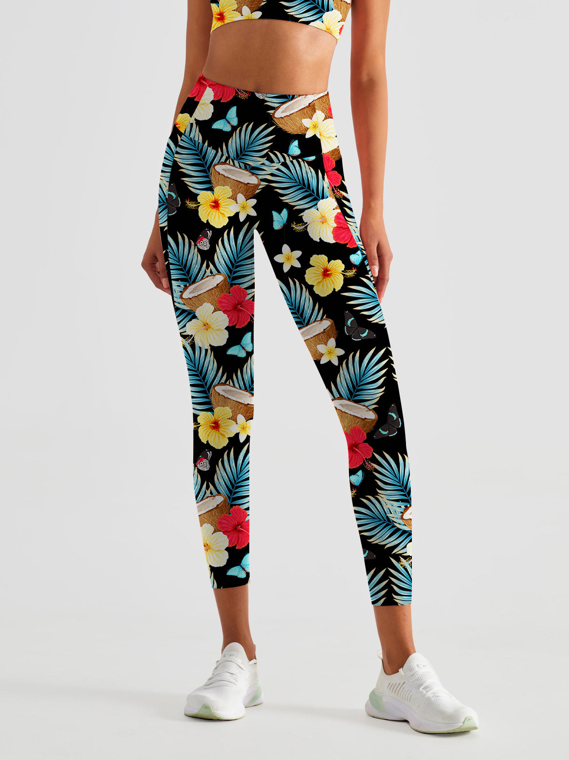 Botanical tropical coconut with leaves and flowers leggings