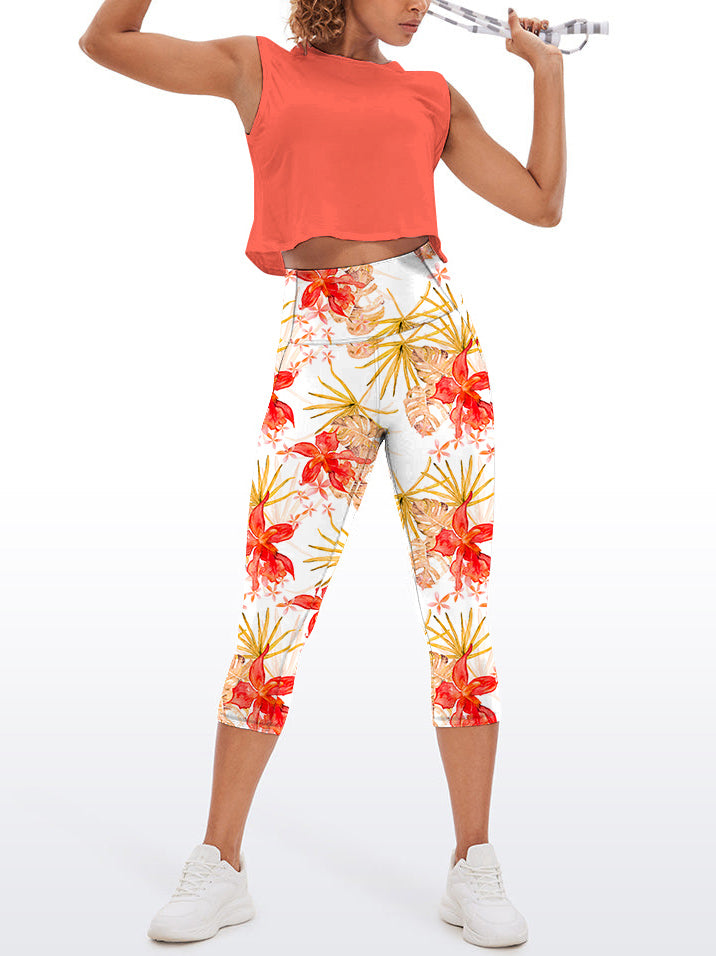 Flower orchid palm leaves watercolor capris