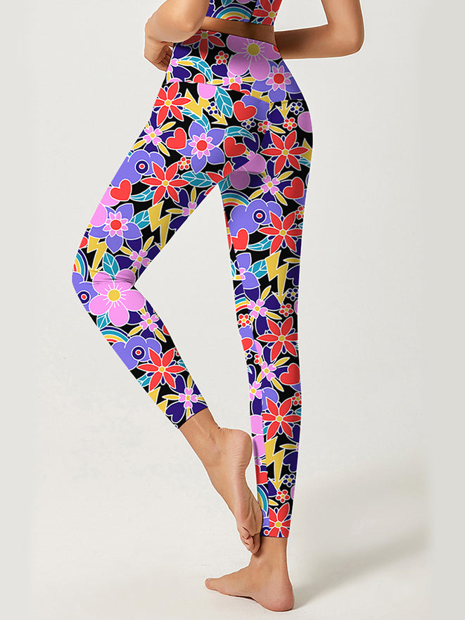 Flower hand paint magnolia love rainbow patchwork leggings