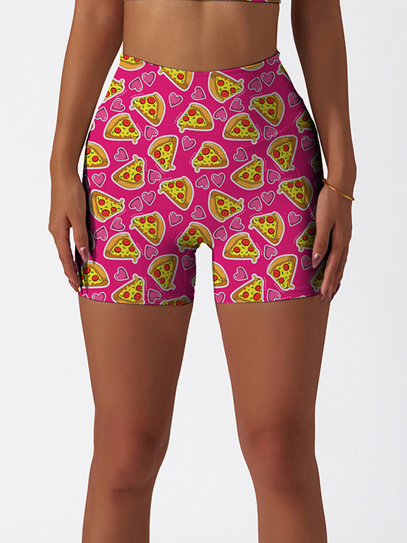 Cartoon pizza heart pattern rose red shorts