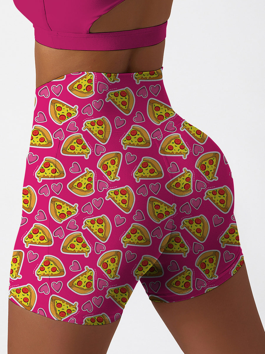 Cartoon pizza heart pattern rose red shorts