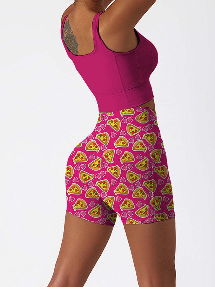 Cartoon pizza heart pattern rose red shorts
