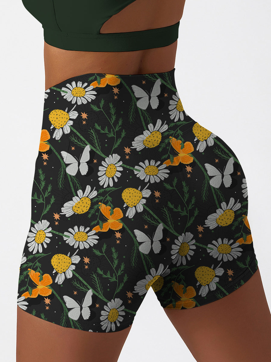 Engraving hand drawn botanical black shorts