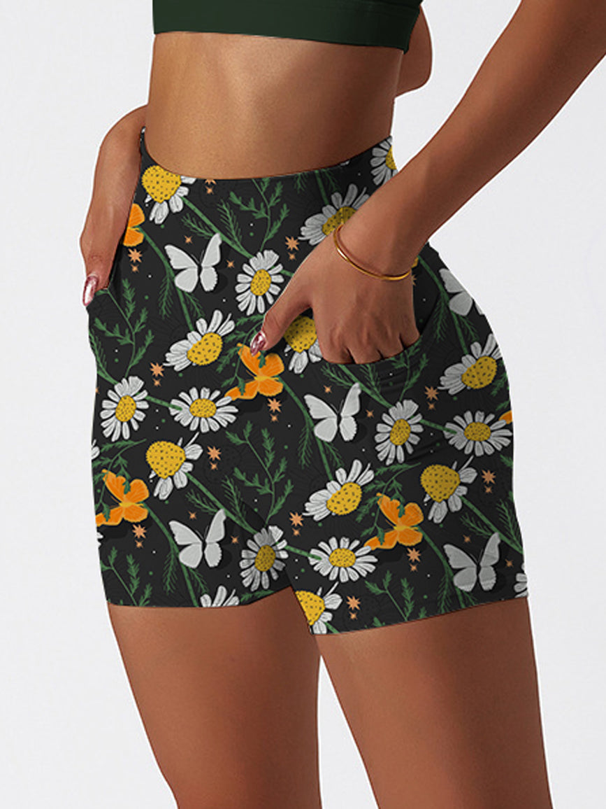 Engraving hand drawn botanical black shorts