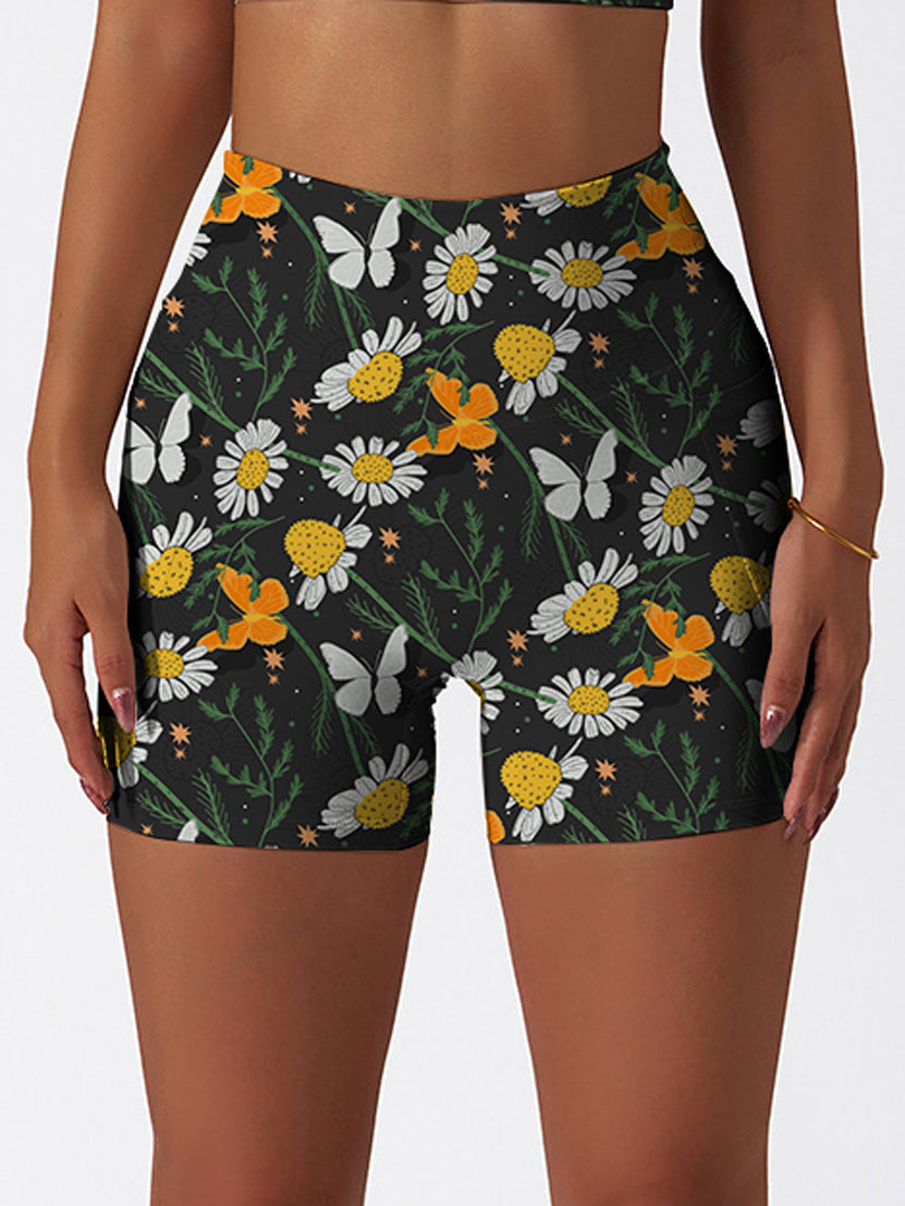 Engraving hand drawn botanical black shorts