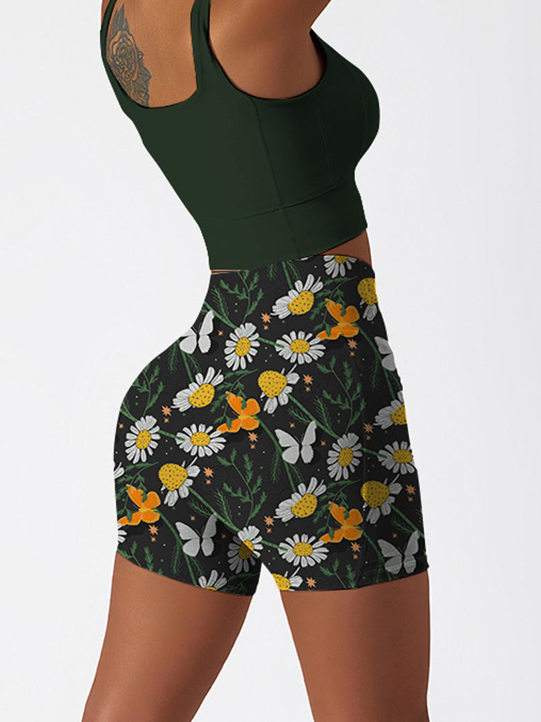 Engraving hand drawn botanical black shorts