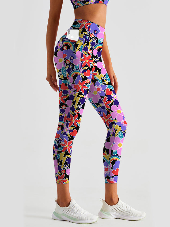 Flower hand paint magnolia love rainbow patchwork leggings