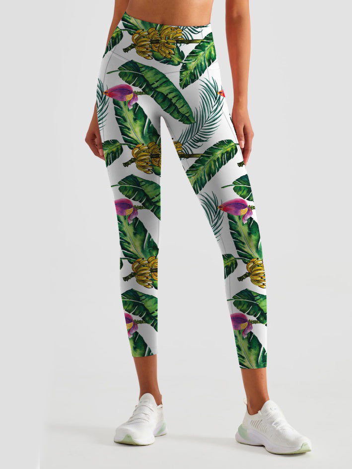 Botanical green leaves banana print leggings