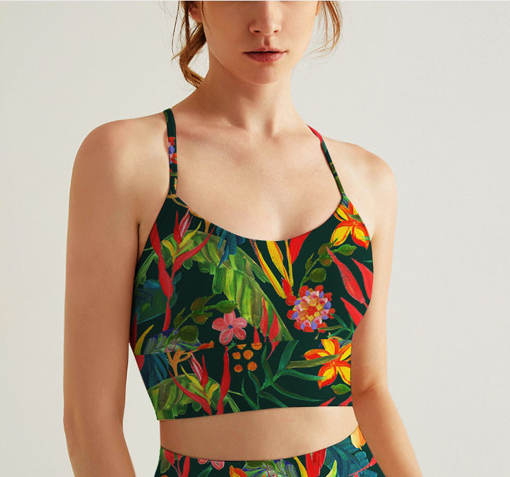 Botanical green leaves flower yoga tank tops