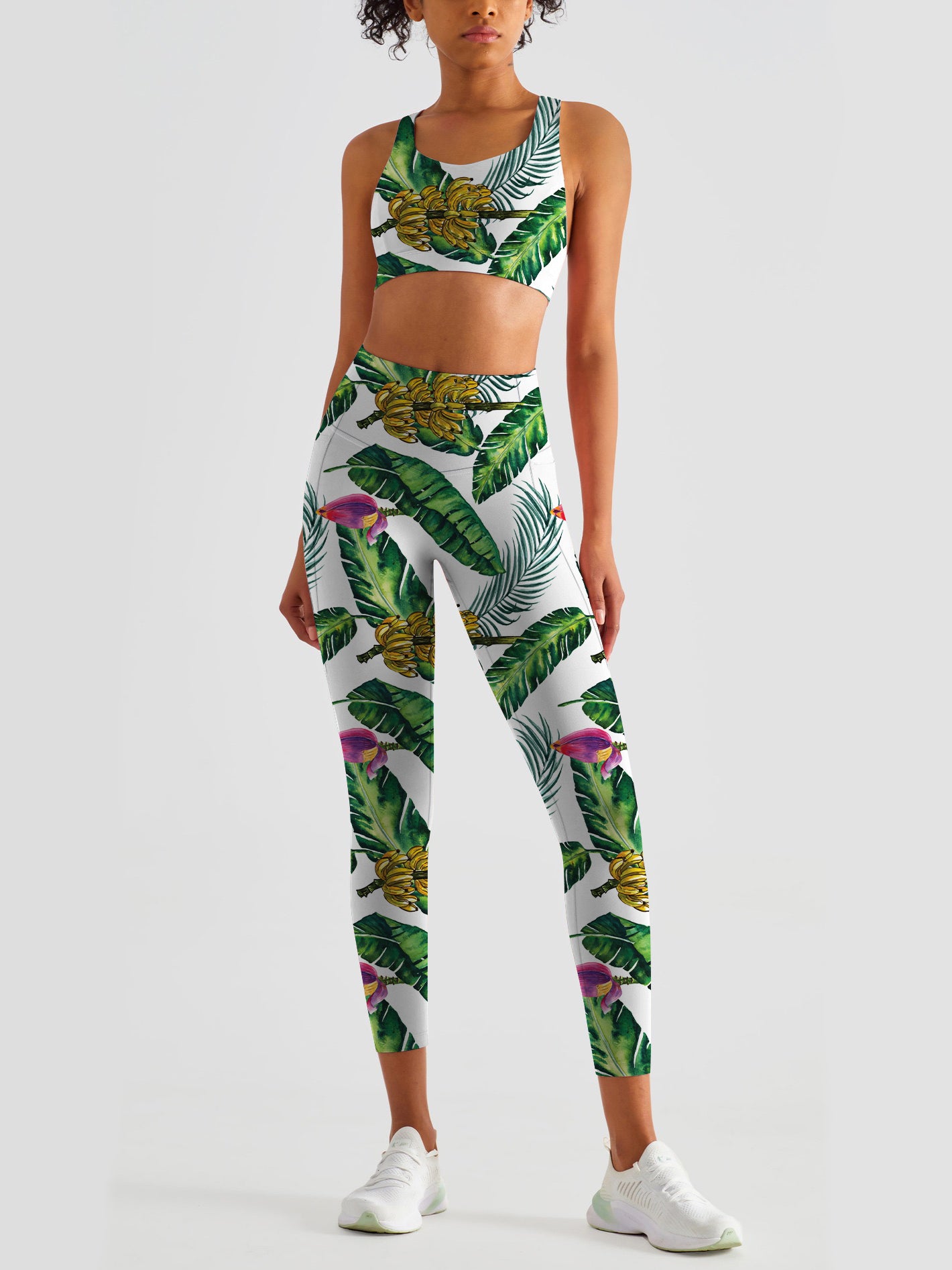 Botanical green leaves banana print leggings