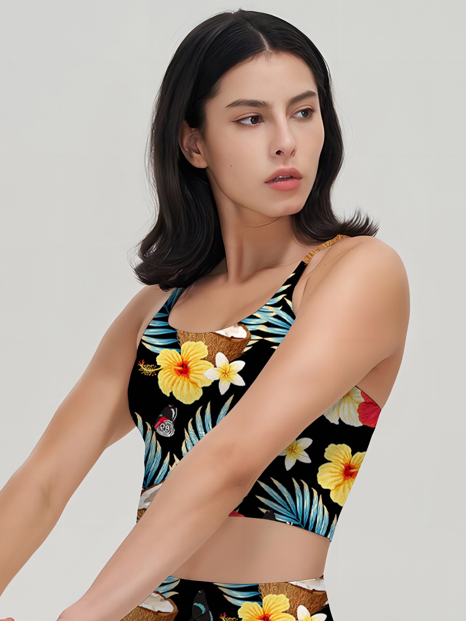 Botanical tropical coconut with leaves and flowers tank tops