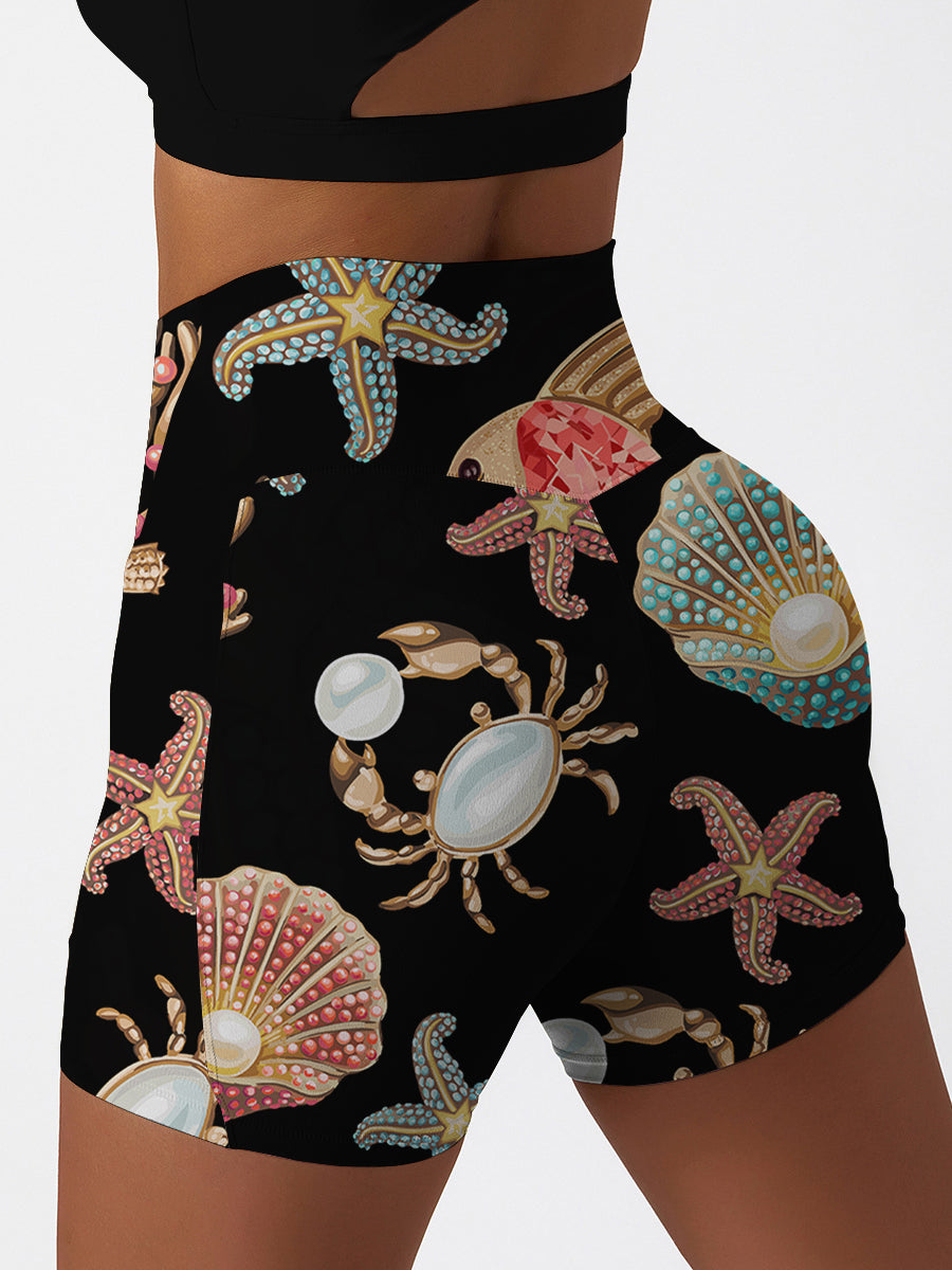 Ocean gem starfish turtle coral shell yoga shorts