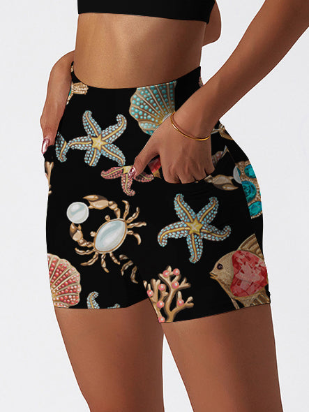Ocean gem starfish turtle coral shell yoga shorts