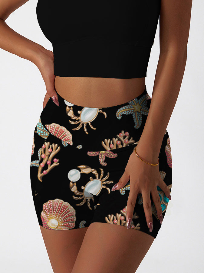 Ocean gem starfish turtle coral shell yoga shorts