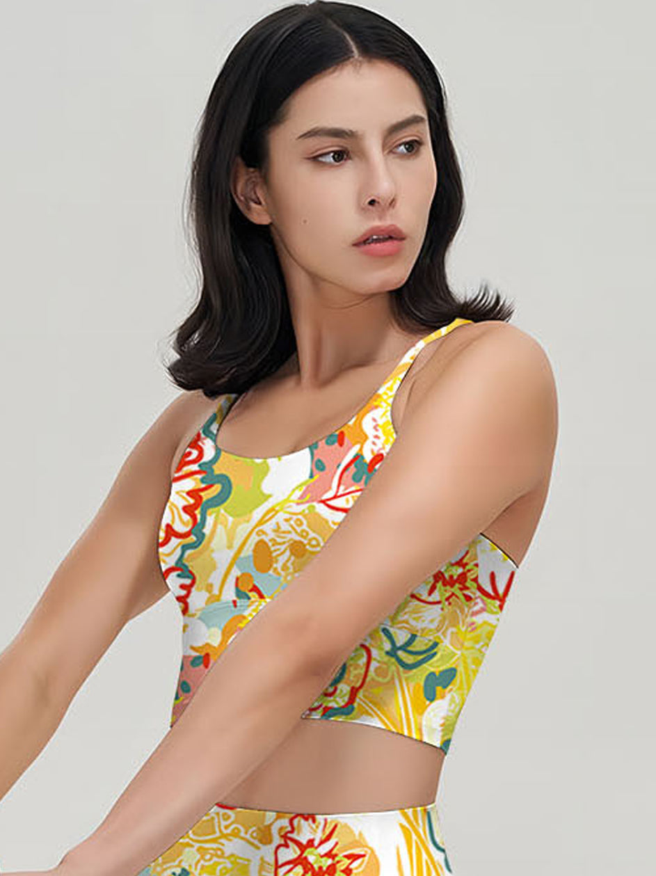Blooming flower colorful hand painted yellow tank tops