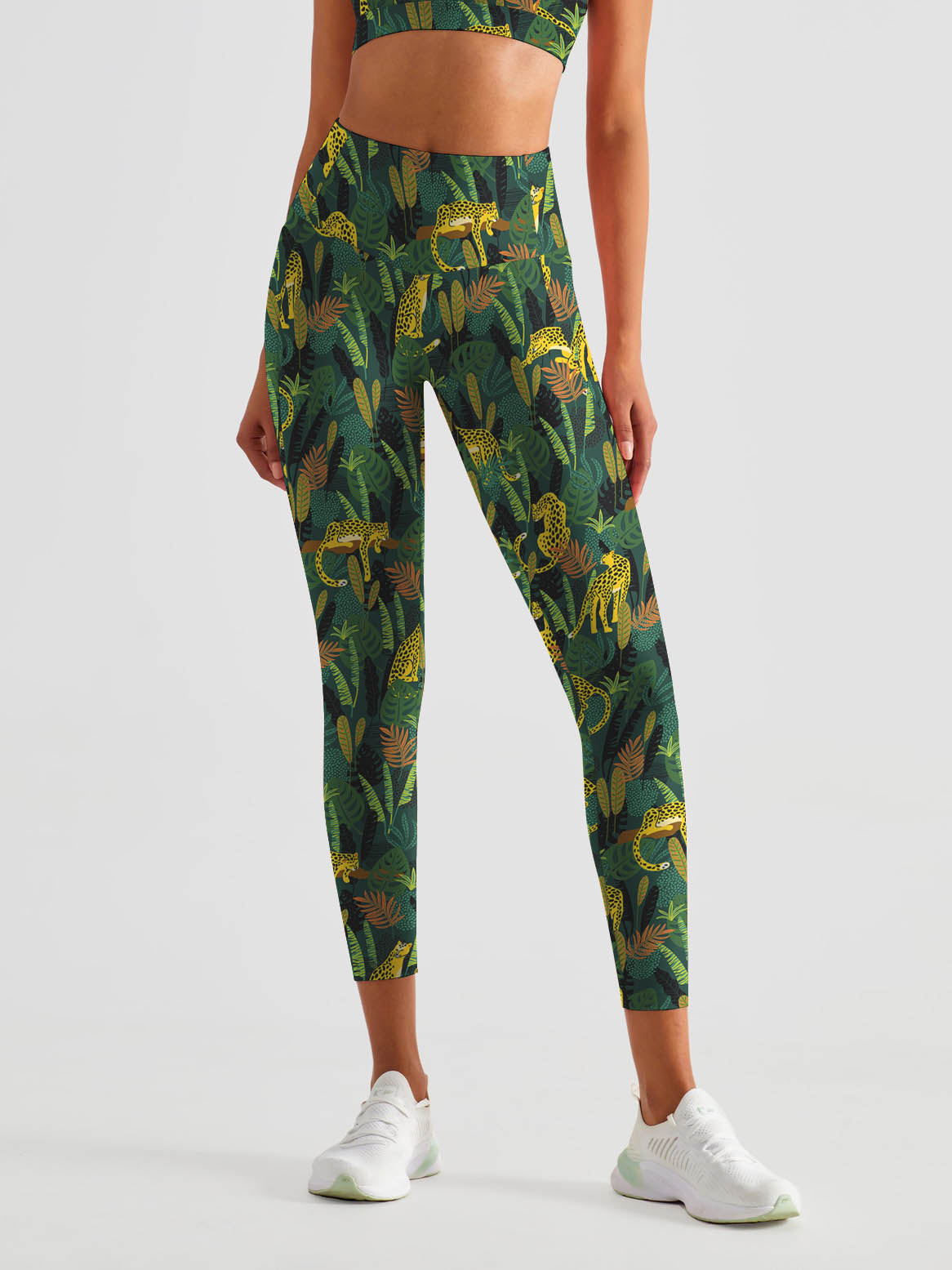 Botanical green leaves leopard high waisted leggings