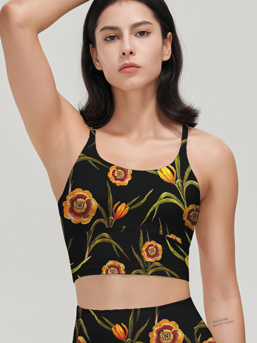 Blooming yellow flower embroidered dark tank tops