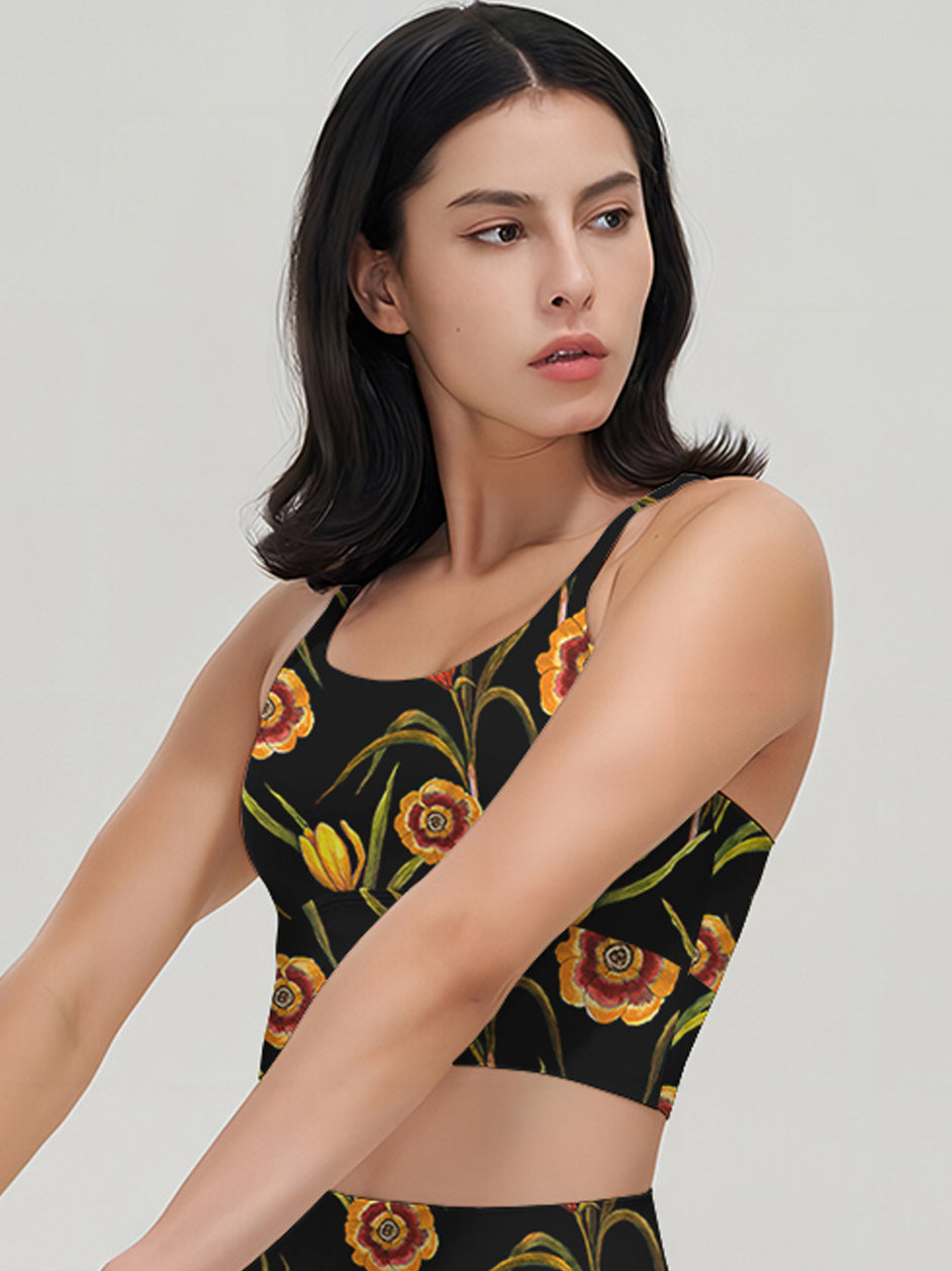 Blooming yellow flower embroidered dark tank tops