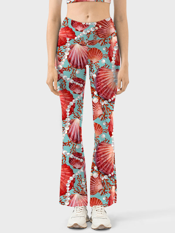 Ocean red scallop coral pearl flare leggings