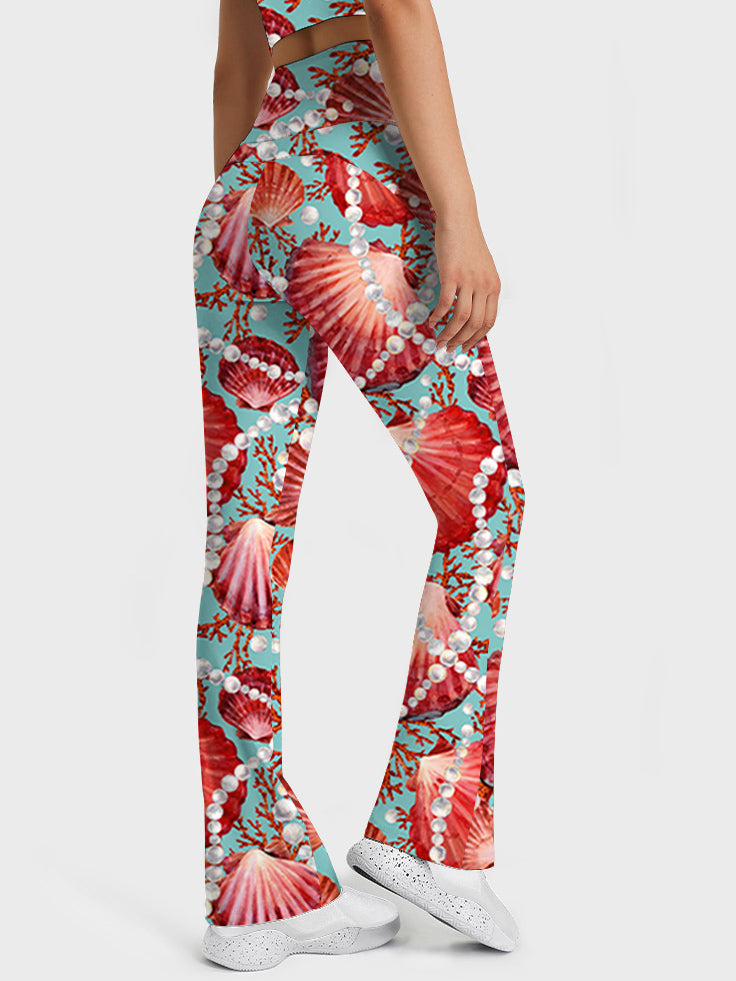 Ocean red scallop coral pearl flare leggings