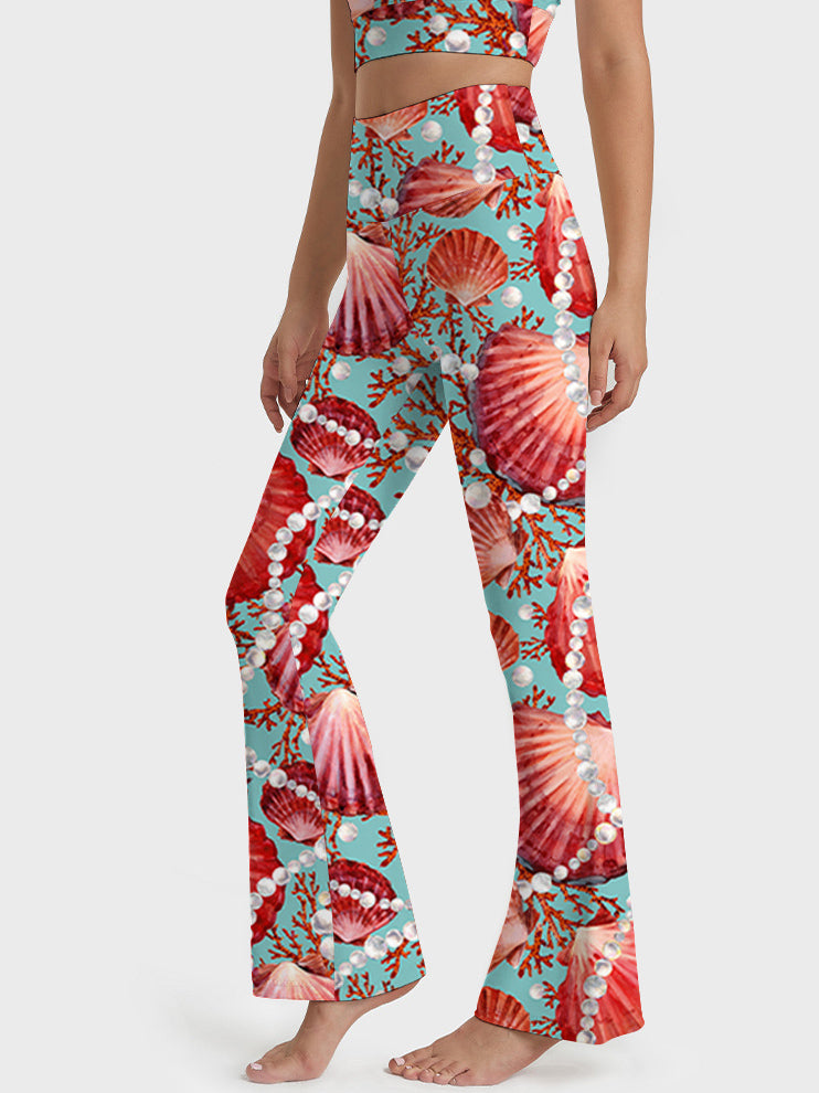 Ocean red scallop coral pearl flare leggings
