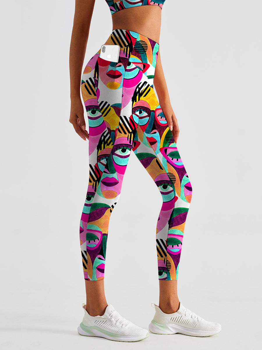 Colorful abstract exotic woman wearing glasses leggings