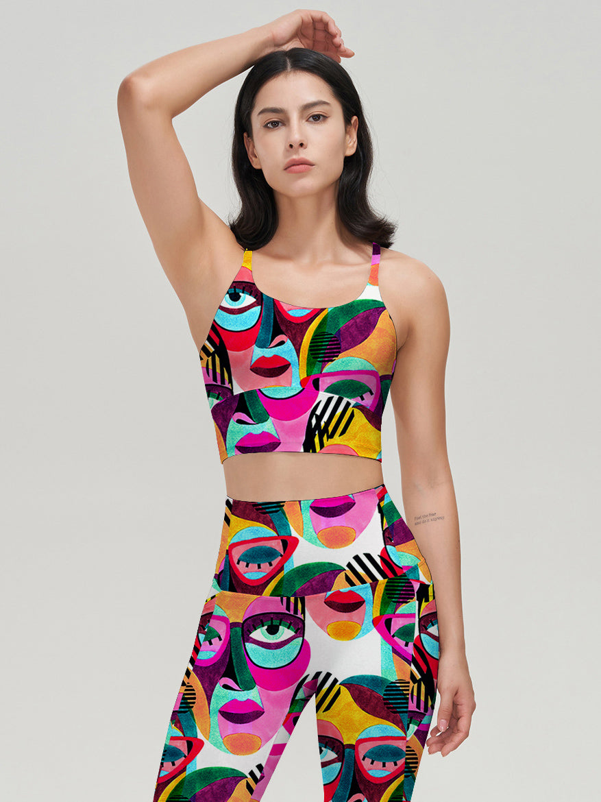 Colorful abstract exotic woman wearing glasses leggings