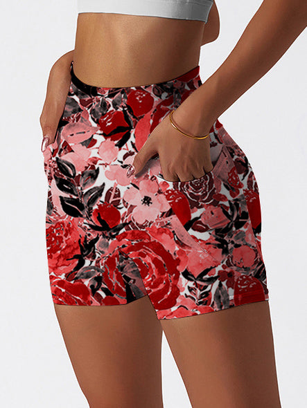 Flower red watercolor peony flare shorts